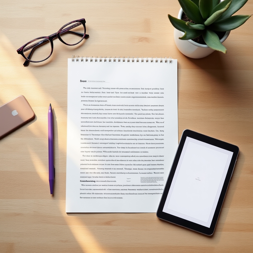 Desk with a printed blog article, a tablet showing an outline, and a phone displaying a content layout, representing the repurposing workflow