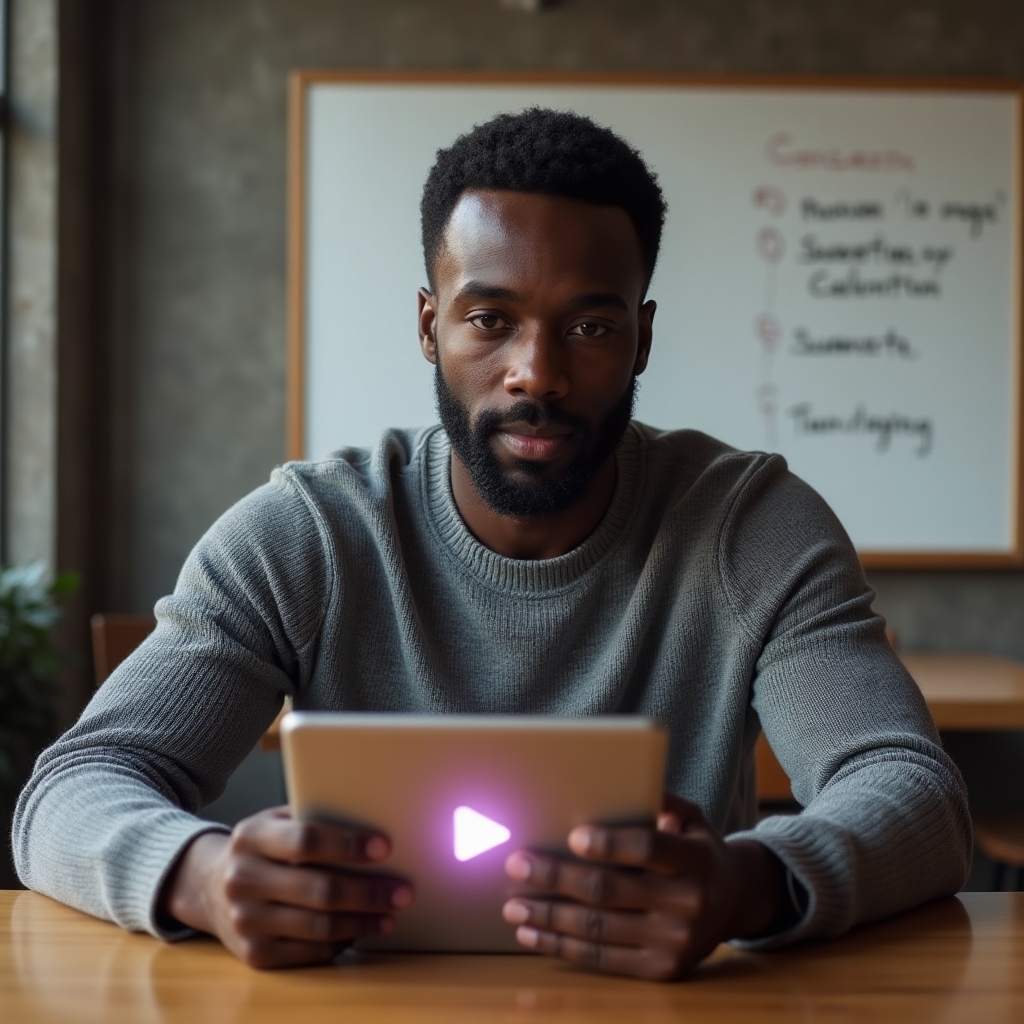 A founder reviewing a video lesson on a tablet at a shared table in a bright startup office