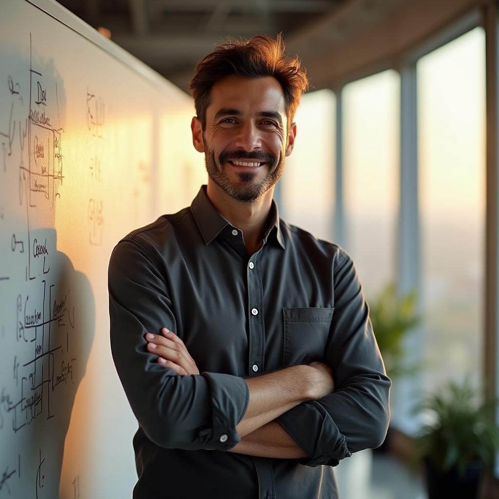 A founder standing near a whiteboard in a bright startup office, arms crossed, calm and composed expression