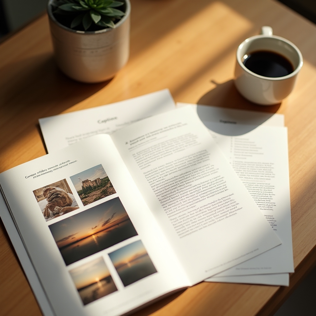 A printed multi-page report on a desk showing carousel thumbnails, script text and a caption list, next to a coffee cup