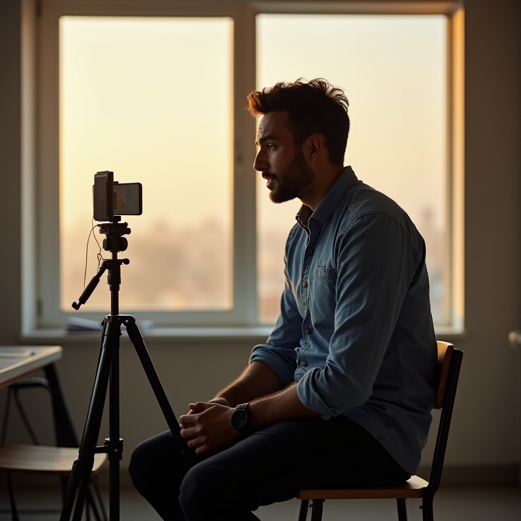 A person speaking to a phone camera on a small tripod while reading from script pages, representing the short-form video script lesson track